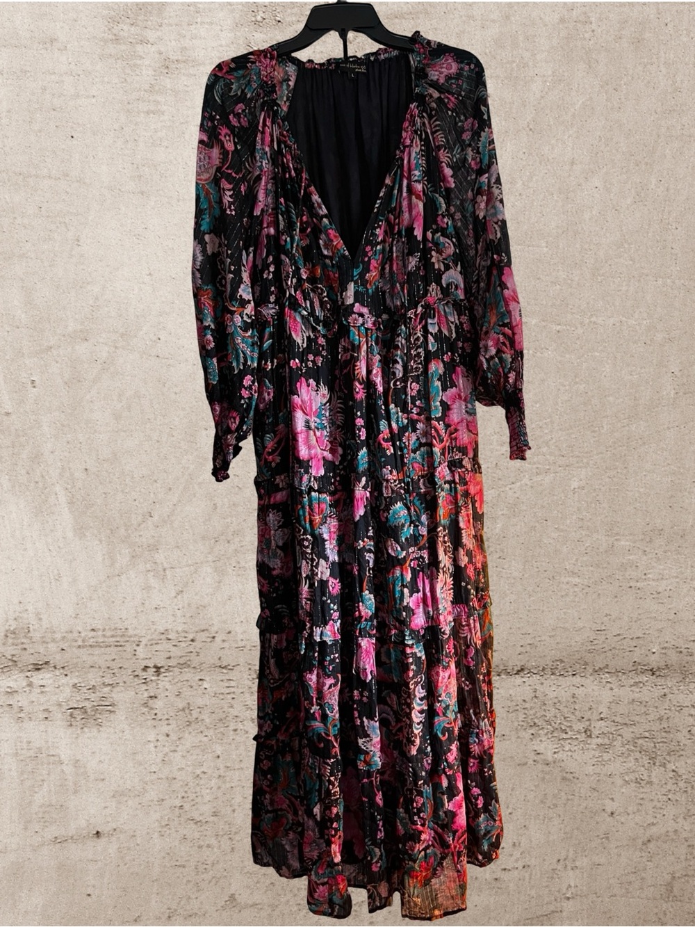 House of Harlow 1960 Black Floral Maxi Dress with Pink and Teal Accents